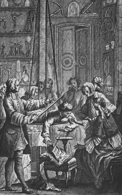 Electrical experiment made on a man by Abbe Jean Antoine Nollet in a physicist cabinet, frontispiece illustration from 